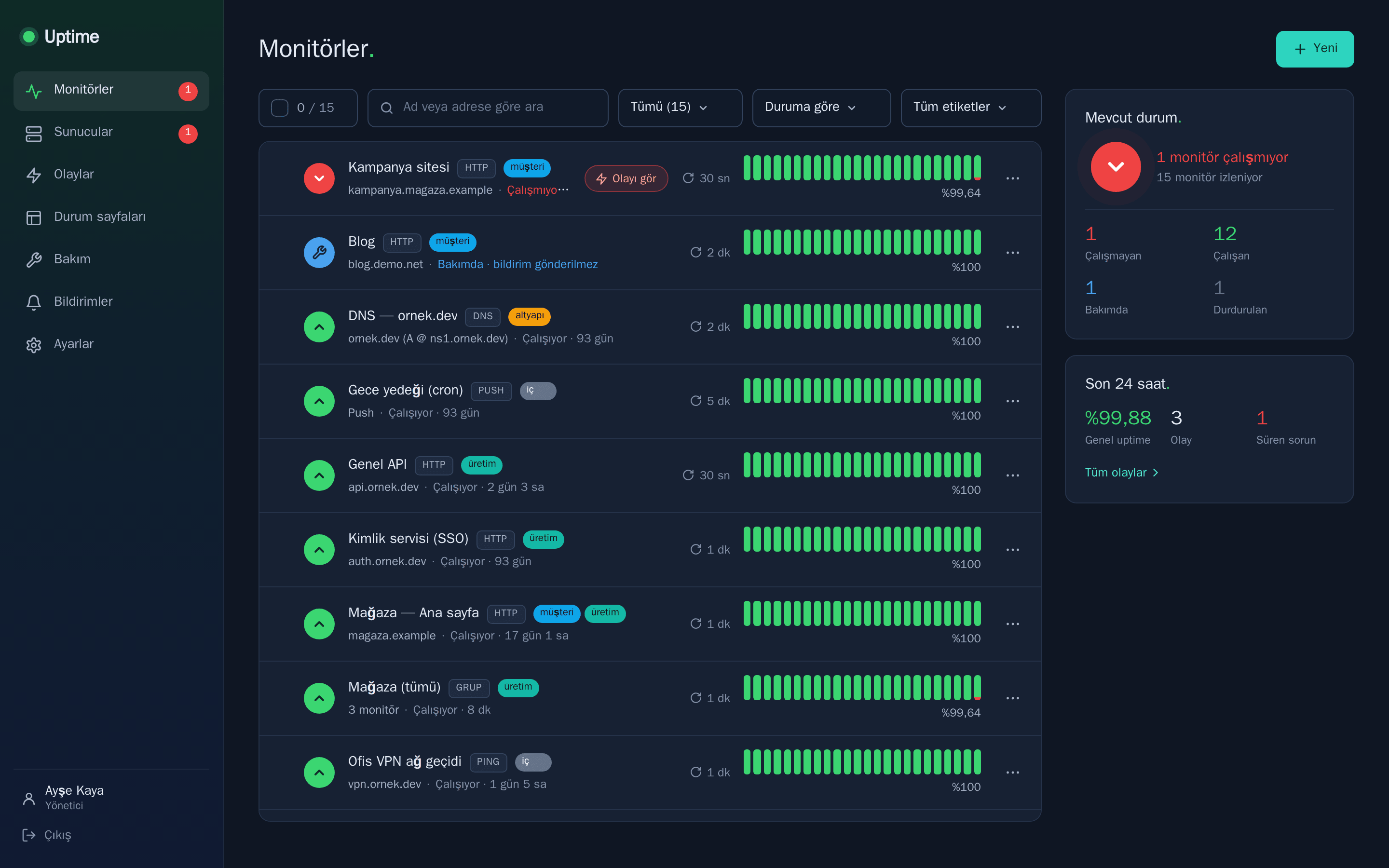 Bekci monitör listesi: her monitörün durumu, kontrol aralığı, son 24 saatin uptime çubukları ve sağda genel durum özeti