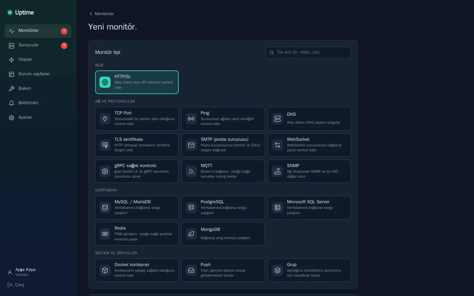 New monitor form: monitor type picker with web, network, database and system categories